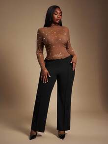 Radiana 女士立领插肩袖修身水钻网纱透视衬衫 - 棕色 - 查看 13