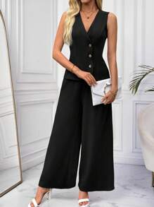 EMERY ROSE Conjunto casual de mujer con chaleco sin mangas con botones y cuello en V y pantalones de pierna ancha con bolsillos con abertura