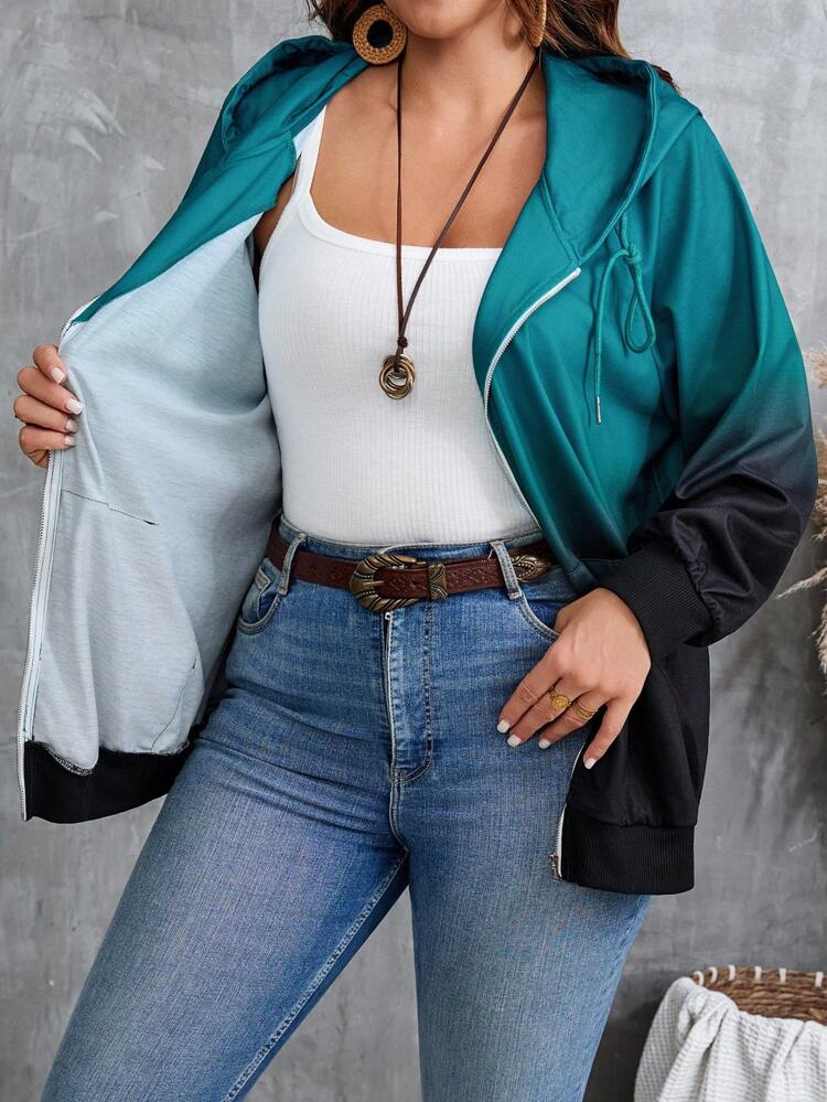Abrigo casual con capucha con cordón, manga raglán en degradado, para mujer talla grande, adecuado para otoño temprano, salir, estilo occidental, invierno, otoño