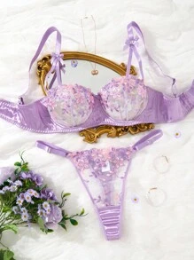 SHEIN 2 件女士紫色浪漫情人节内衣套装，性感透明文胸和内裤套装 - 紫色 - 查看 3