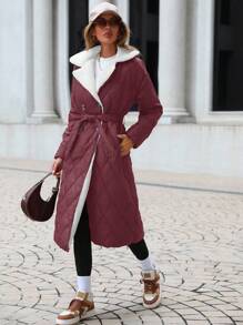 SHEIN Cottnline Women's Solid Color Long Padded Coat With Fleece Lining And Turn Down Collar - Violet Purple - View 4