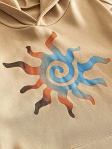 Manfinity NXTstreet 男士休闲针织太阳图案水印花连帽衫，适合日常穿着 男士连帽衫 图案男士连帽衫 套头衫 男士连帽衫 太阳图案连帽衫，Emo 风格，2000 年代风格，适合秋冬 - 卡其色 - 查看 3