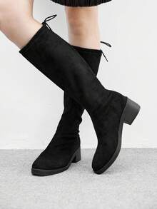 CUCCOO BIZCHIC 女士圆头厚底黑色绒面革过膝长靴，松紧带系带高筒靴，适合日常穿着和通勤 - 黑色 - 查看 5
