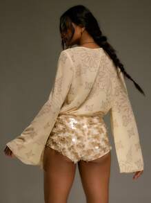 MUSERA 超低胸喇叭袖佩斯利印花衬衫，西部风情，适合秋季、街头、节日、优雅、Y2K、性感、可爱、90年代、波西米亚风、中西部、假日、派对、春夏等场合。 - 彩色 - 查看 4