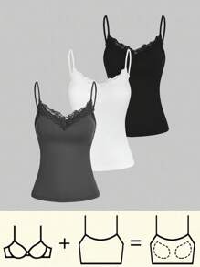 SHEIN Essnce Áo ba lỗ ren chắp vá thường ngày cho nữ 3 món/bộ cho kỳ nghỉ hè - Màu xám đen - Xem 3