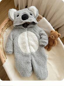 Pelele de forro polar con capucha, orejas y bordado de koala lindo para bebé recién nacido niño, otoño/invierno