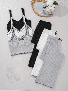 Snug Zone 6pcs Bow Decor Ribbed Camisole & Pants Pajama Set - Multicolor - View 3