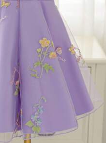 Glamorique Kids Purple Floral Summer Elegant Wedding Guest Girls Sleeveless Satin Princess Dress,Birthday Party Gown With Bow Decor & Embroidered Hem For Recital - Purple - View 5