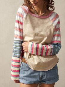 Bohemela 女式休闲条纹插肩长袖针织圆领T恤 - 彩色 - 查看 6
