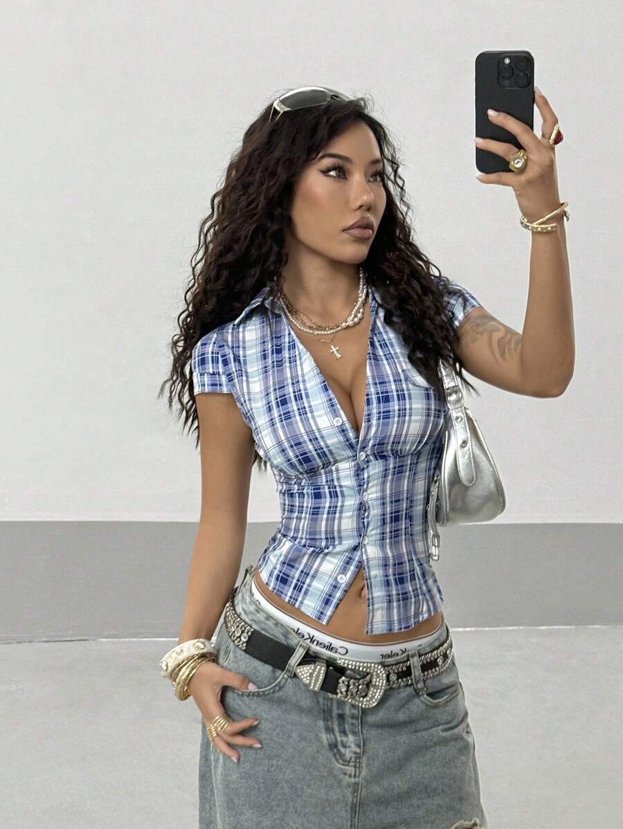 StreetHx Blue Plaid Cap Sleeve Fitted Shirt For Women - Blue - View 1