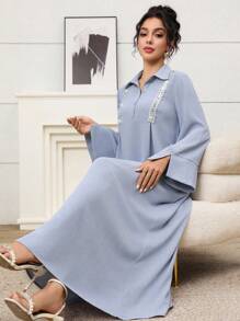 Yasmyna Women's Sequin Patchwork Long Sleeve Loose Arabic Style Dress Sequin Fall Women Clothes Traditional Arab Clothing Blue Dress