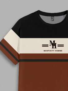 Manfinity Homme MH 字母徽标拼色休闲图案印花修身短袖 T 恤男式 - 棕色 - 查看 3
