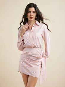 Mathilde Lhomme Vestido casual de mujer con falda acuchillada de cintura con cordón y camisa a rayas de mezcla de algodón - Rosa - Ver 1