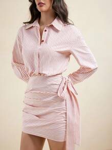 Mathilde Lhomme Vestido casual de mujer con falda acuchillada de cintura con cordón y camisa a rayas de mezcla de algodón - Rosa - Ver 7