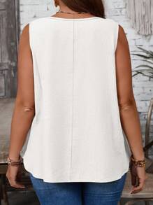 EMERY ROSE Plus Size Women's Casual Khaki Sleeveless Top With Button Decor, Round Neck - White - View 2