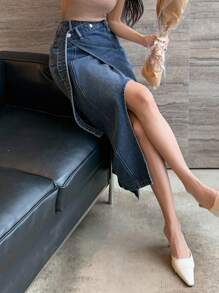 DAZY 女士夏季开衩腰部设计性感休闲牛仔裙 - 中等水洗藍 - 查看 3