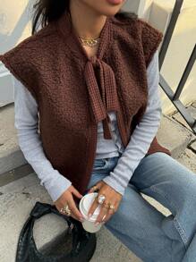 Siren Gaze 人造毛皮组合夹克，带钩针细节和前系带开合，休闲女式无袖背心夹克 - 棕色 - 查看 5