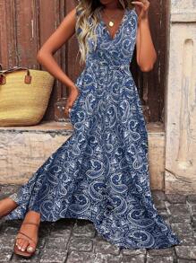 Breezaya V-Neck Sleeveless Paisley Print Boho Long Maxi Vacation Split Front Dress Women (No Belt) - Navy Blue - View 3