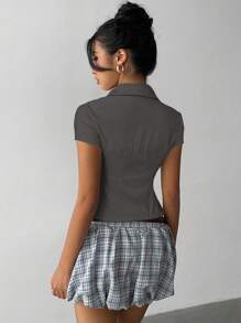 Aloruh Women's Elegant Solid Color Short Sleeve Pleated Waist Shirt, Versatile For Commuting, Daily Wear, Office, Spring/Summer - Dark Grey - View 2