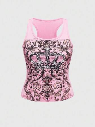 J-Fashion Canotta sexy con strass a forma di corona in stile Y2K per donne curvy