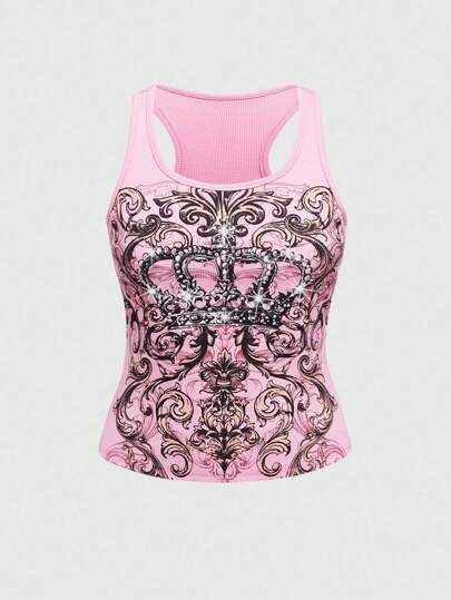 J-Fashion Canotta sexy con strass a forma di corona in stile Y2K per donne curvy