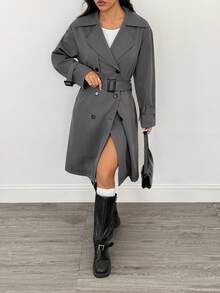 SHEIN PETITE 休闲时尚百搭通勤简约女式风衣秋冬灰色风衣 - 灰色 - 查看 6