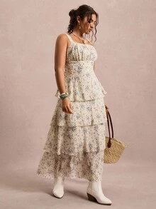 SHEIN VCAY 大码女式花卉印花荷叶边分层细肩带连衣裙，假日风格 - 彩色 - 查看 4