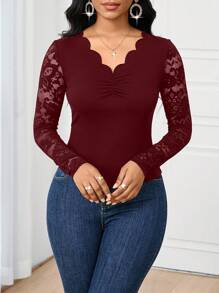 SHEIN Lady 2025新款优雅通勤纯色蕾丝拼接修身长袖T恤纯色上衣外出上衣女式长袖T恤长袖上衣，女士秋季服装 - 酒紅色 - 查看 7