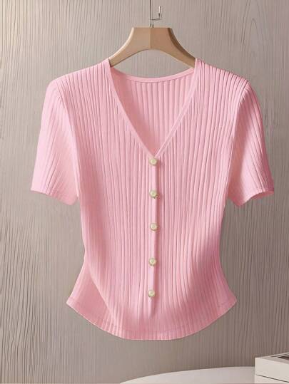 GlowEve Women's Solid Color V-Neck Short Sleeve Ribbed Single-Breasted Casual T-Shirt