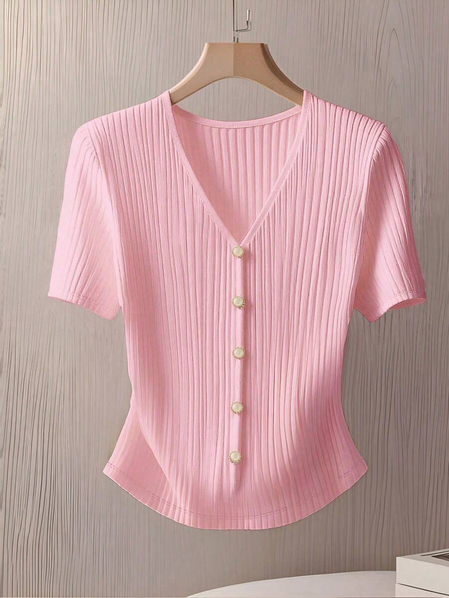 Everyssa Áo thun nữ cổ chữ V tay ngắn, đơn hàng khuy, màu trơn - Hồng - Xem 1