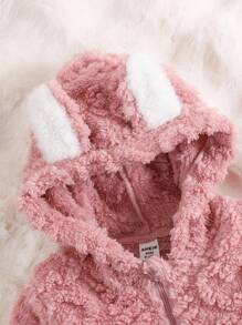 SHEIN Bộ áo liền quần dài tay màu hồng dễ thương phong cách đường phố cho bé gái, có mũ trùm đầu và tai trang trí, cổ tay và viền áo bằng lông giả màu trắng, thích hợp mặc hàng ngày, chụp ảnh, du lịch, mùa thu/đông. Áo liền quần mùa đông ấm áp cho bé gái, trang phục mùa đông thoải mái cho bé gái, quần áo mùa thu cho bé gái. - Hồng - Xem 7