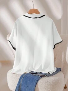 CosyJoli Plus Size Women Short Sleeve Single Breasted Pocket Casual Color Block Blouse,Slightly Sheer,Business Casual Woman Spring To Summer - White - View 2