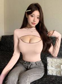 DAZY Maglietta elegante e casual da donna con collo alto, maniche lunghe, decorazione a righe e dettagli traforati