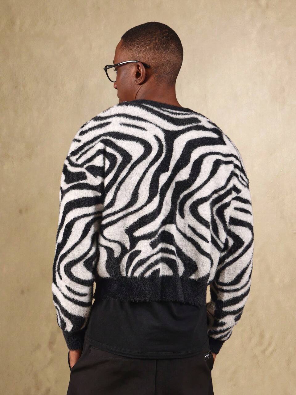 Fuzzy Knit Cardigan With Zebra Pattern Print