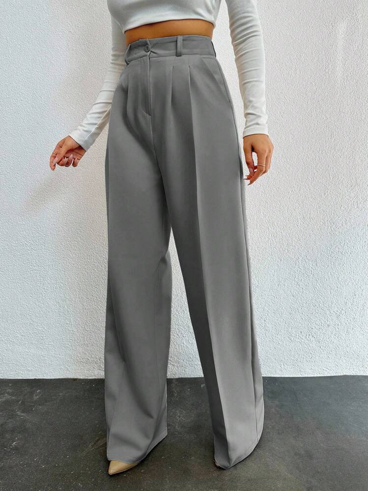 EURMUSE Women's Solid Color High Waist Pleated Wide Leg Loose Casual Pants - Dark Grey - View 3