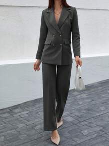 EURMUSE Women's Solid Color Double-Breasted Jacket And Pants Suit Set - Dark Grey - View 1