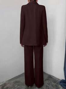 EURMUSE Women's Solid Color Lapel NeckLong Sleeve Jacket And Pants Casual Suit Set - Brown - View 2
