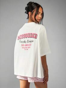 MISSGUIDED Camiseta oversize de estilo universitario, estampado casual de campus, caída de hombros, ropa de calle casual para uso diario en primavera y verano - Blanco - Ver 1