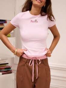 lacRébo Fitted Pink Short Sleeve Tshirt With Embroidered Paris Design Women Graphic Tee Paris Slogan Tee Back To School Spring Summer Tee - Pink - View 5