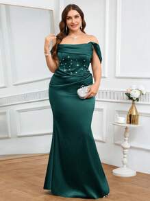 Coutiva Plus Size Formal Evening Gown (Heavily Embellished) Plus Size Satin Dress Plus Size Green Dress Off The Shoulder Plus Size Dress Plus Size Cocktail Dress Plus Size Emerald Green Dress