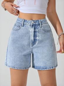 SHEIN ICON Plus Size Casual Washed Denim Shorts - Teal Blue - View 1