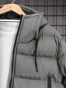 EURMUSE 男式纯色长袖前拉链抽绳连帽休闲冬季夹克 - 灰色 - 查看 8