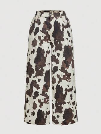 SHEIN MOD Plus Size Women's Pocketed Loose Fit Casual Versatile Wide Leg Jeans,Back To School, Casual Cow Print Casual Denim Loose Wide Leg Pants,Back To School,Halloween,Baggy Jeans,Cow Print,Fall Clothes, Halloween Costumes,Halloween Clothes,Western Jeans,Western Wear Women,Streetwear Outfits,,Fall Clothes For Women Cow Print Pants Printed Pants Wide Leg Plus Size White Denim Jeans With Zipper Detail And Statement Cow Print, Western Pants Cow Pants