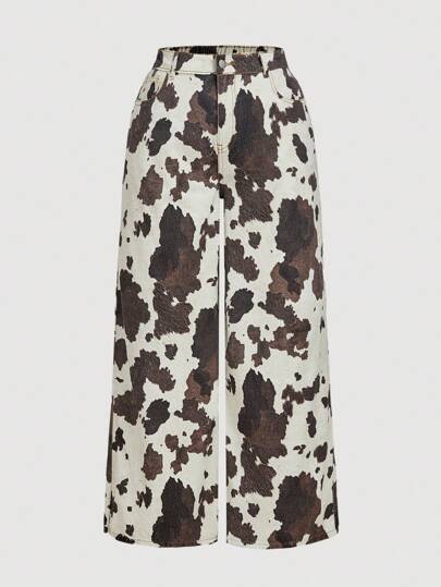 SHEIN MOD Plus Size Women's Pocketed Loose Fit Casual Versatile Wide Leg Jeans,Back To School, Casual Cow Print Casual Denim Loose Wide Leg Pants,Back To School,Halloween,Baggy Jeans,Cow Print,Fall Clothes, Halloween Costumes,Halloween Clothes,Western Jeans,Western Wear Women,Streetwear Outfits,,Fall Clothes For Women Cow Print Pants Printed Pants Wide Leg Plus Size White Denim Jeans With Zipper Detail And Statement Cow Print, Western Pants Cow Pants