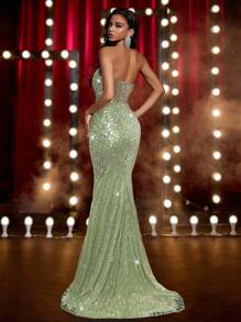 Glamrae 奢华串珠紧身胸衣，胸部褶饰，腰部手工装饰，可调节系带后背，美人鱼轮廓正式晚礼服（重装饰） - 綠色 - 查看 2