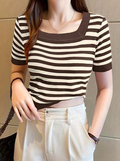 Chiquease Women Square Collar Short Sleeve Casual Striped Knit Top, Autumn/Winter