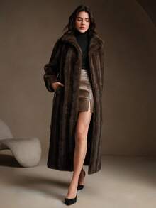Anewsta 奢华复古人造毛皮长袖直腰系带修身冬季外套夹克 - 棕色 - 查看 10