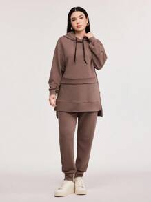 Veilorie 2pcs/Set Women Casual Simple Solid Color Sports Hoodie And Drawstring Waist Pants, Loose Fit For Autumn 2 Piece Set - Chocolate Brown - View 3