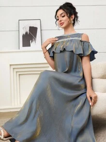 Yasmyna Women's Off-Shoulder Ruffle Trim Round Neck Fashion Summer Arabic Style Dress - Blue - View 2