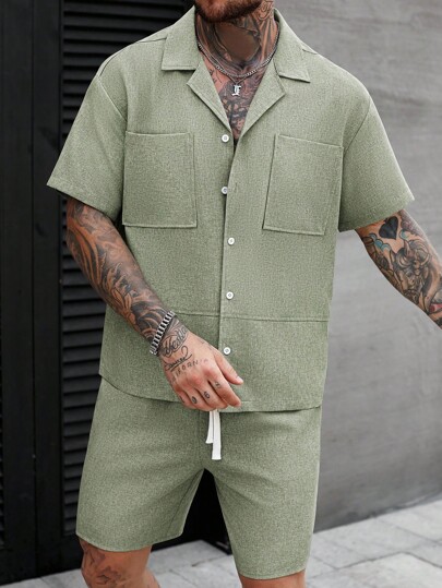 Manfinity CasualCool 2pcs Set Men's Solid Color Loose Casual Short Sleeve Shirts,Men Summer Set,Men Summer Outfits,Men Summer Clothes, Short Sleeve Button Up Shirt Men,Men's Pure Beige Linen Pleated Effect Texture Fabric Short-Sleeved Single-Breasted Casual Shirt Set For Summer,Men's Casual Wear And Minimalism Are Versatile For Daily Commuting Trips